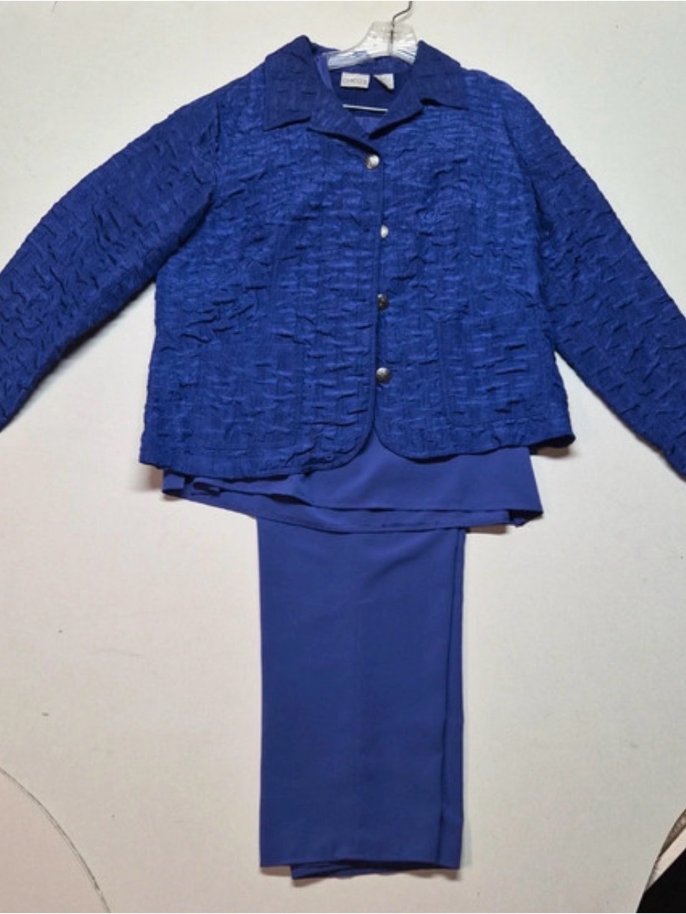 Chico's Deep Blue Textured Jacket with Drapers & Damon’s Top and Pants Sz Large